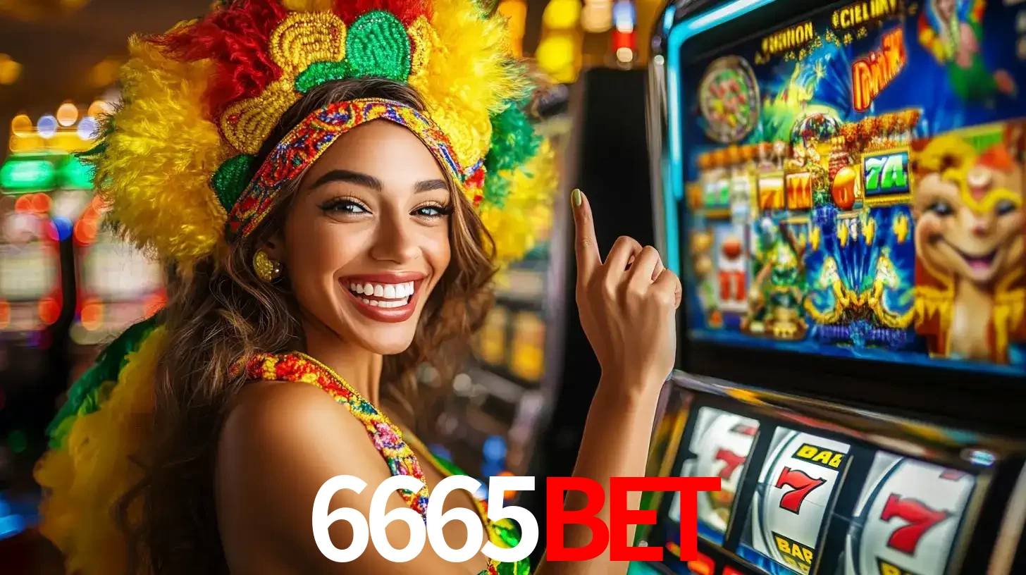 Mulher animada com um cocar de carnaval apontando para uma máquina de caça-níqueis, mostrando a emoção de ganhar um grande prêmio nos jogos do 6665BET.