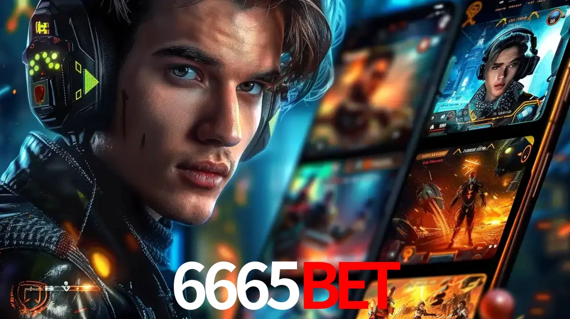 Jovem jogador com fones de ouvido olhando para a câmera, com um aplicativo de jogos e e-sports para celular ao fundo, pronto para a competição e apostas no 6665BET.