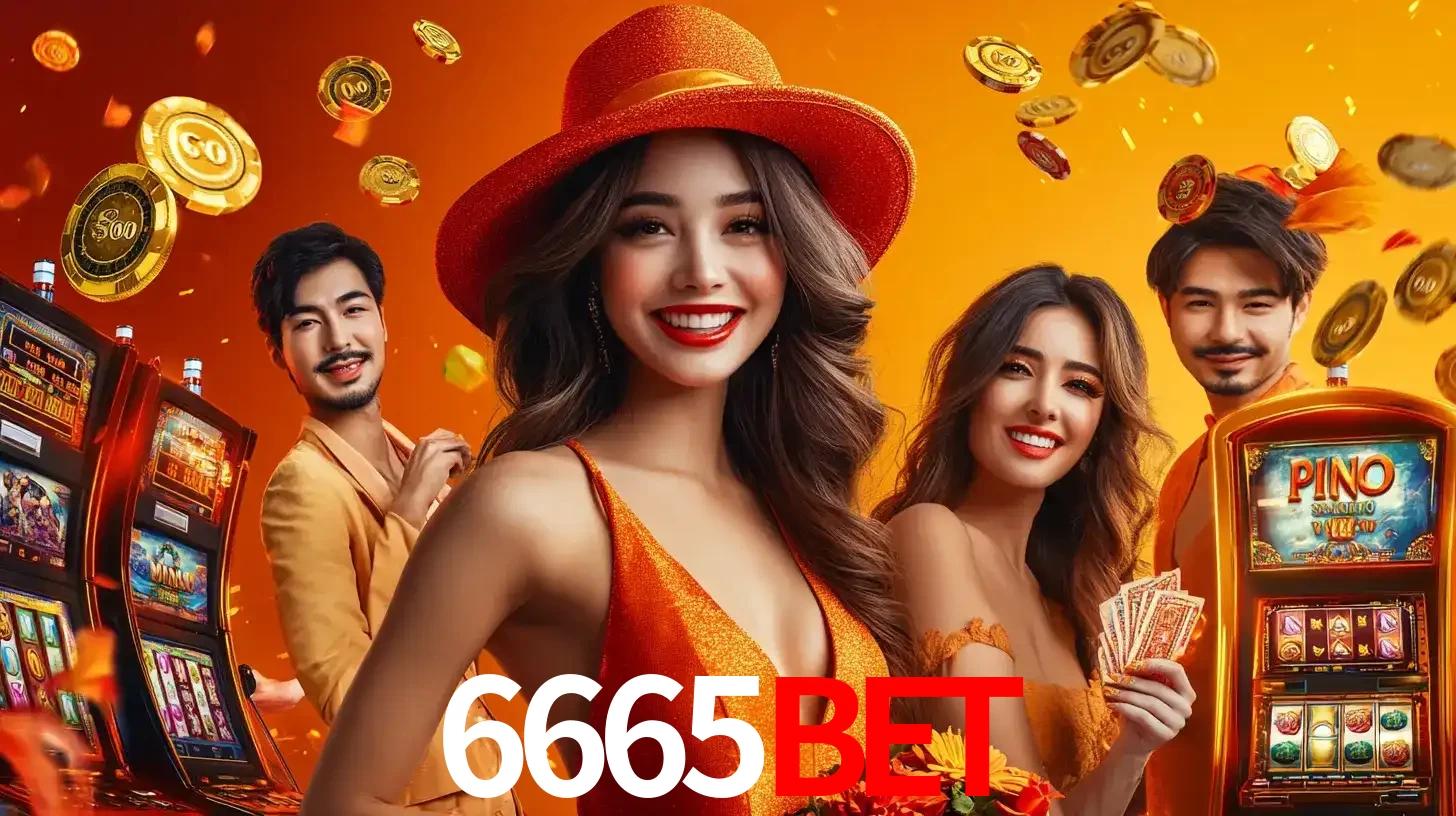 Grupo de amigos asiáticos sorrindo e se divertindo com máquinas de caça-níqueis em um ambiente festivo, celebrando suas vitórias nos jogos de cassino do 6665BET.