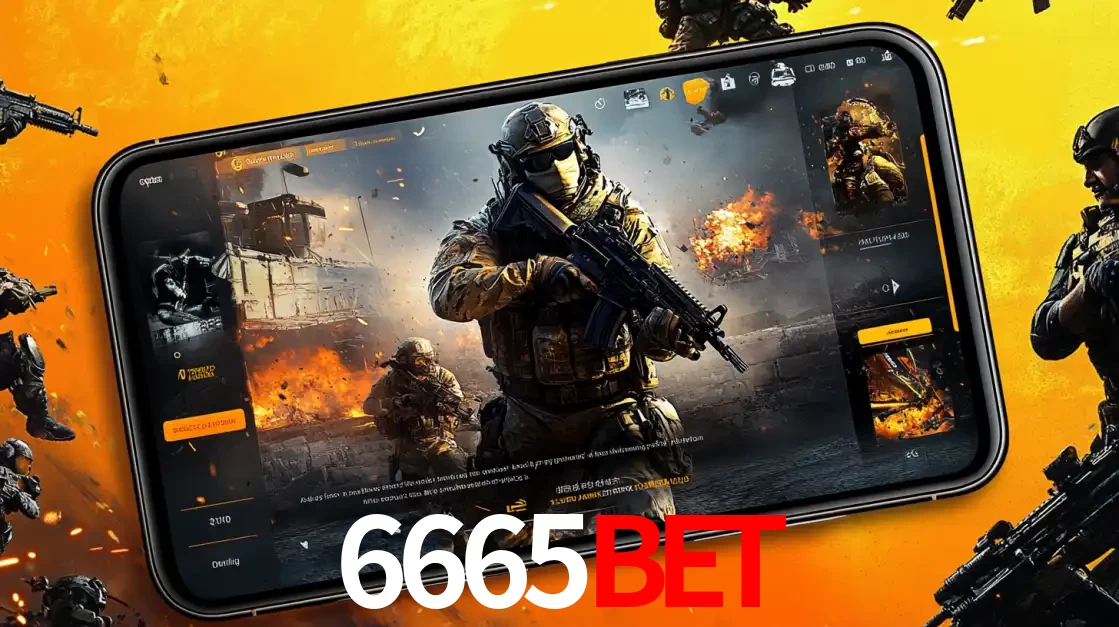 Um smartphone exibindo a interface de um jogo de tiro em primeira pessoa, com um soldado em um cenário de batalha, representando a ação dos e-sports para apostar no 6665BET.