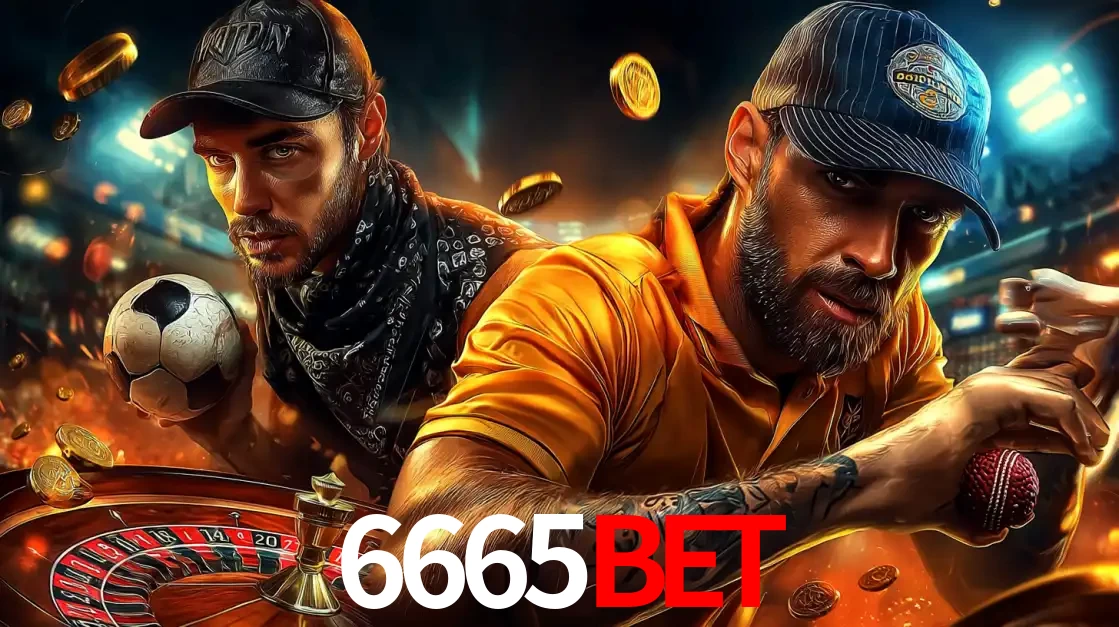 Montagem de apostas esportivas e cassino no 6665BET, com um homem segurando uma bola de futebol e outro uma de beisebol sobre uma roleta e moedas voadoras.