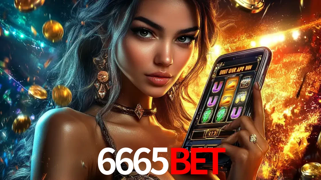 Mulher elegante mostrando um jogo de caça-níqueis em seu smartphone, destacando a experiência de cassino móvel oferecida pelo aplicativo 6665BET.