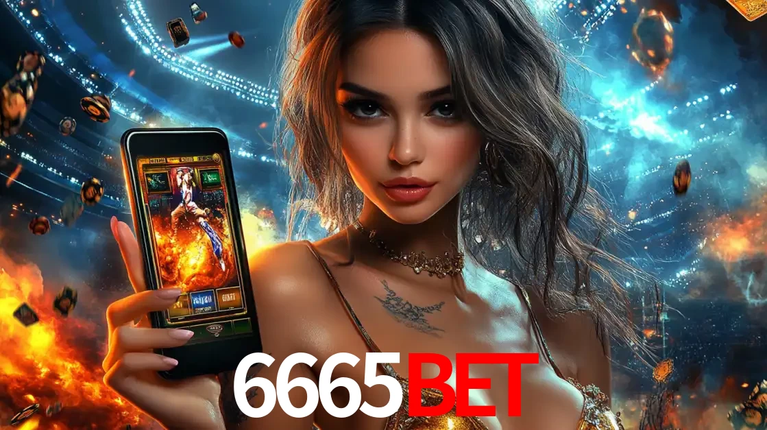Mulher segurando um celular com um jogo de slot em destaque, tendo como fundo um estádio vibrante, simbolizando a emoção de jogar no cassino móvel 6665BET.